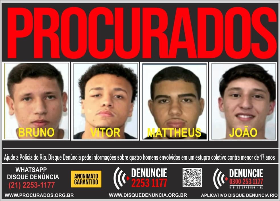 Portal dos Procurados divulgou cartaz dos quatro jovens denunciados pelo estupro coletivo.